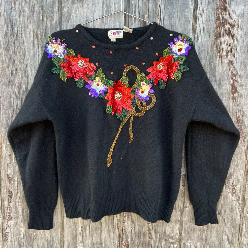 Vintage 80s Le Roy Knitting Lambswool Angora Floral 3-D Embroidery Sweater XL